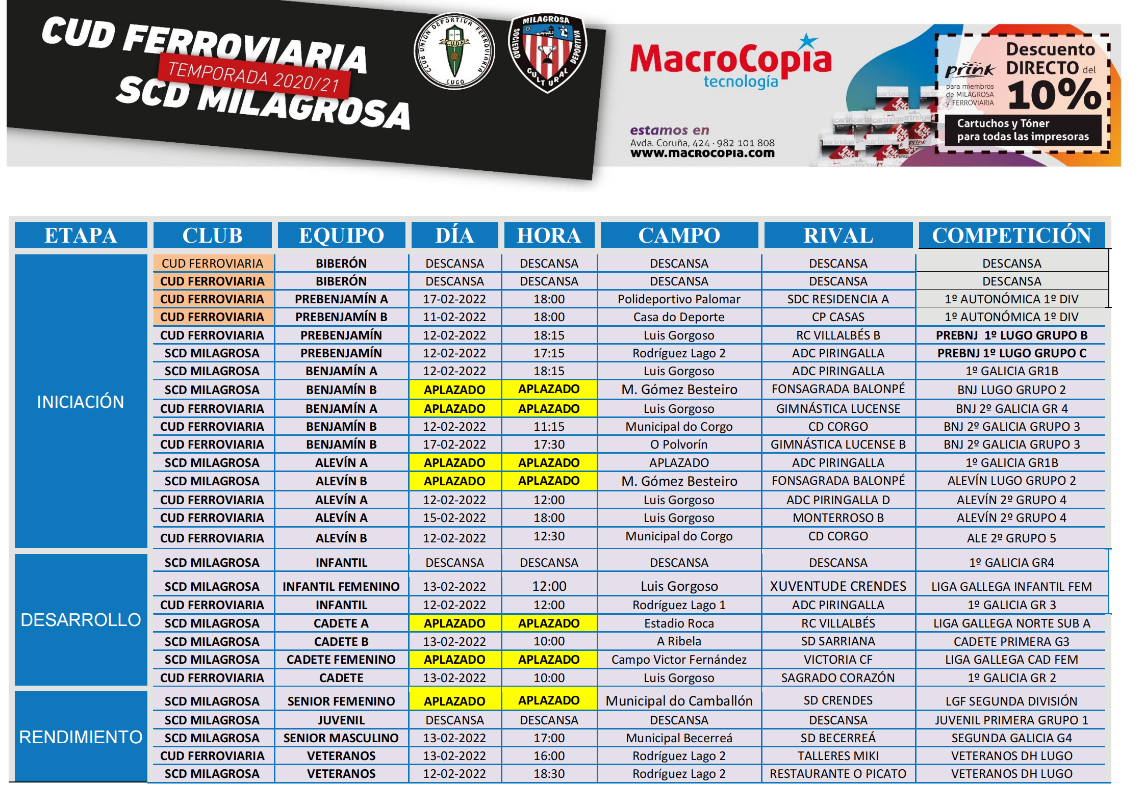 ℹ️📜 Horarios programados para ⚽partidos del 🔚 fin de semana 12 13 de Febrero - SCD Milagrosa