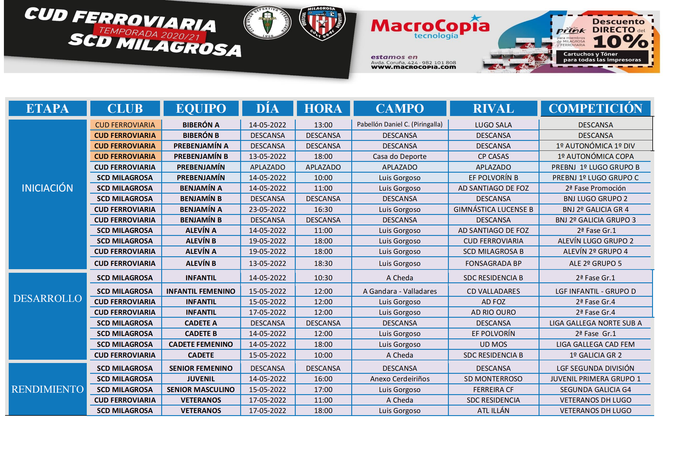 ℹ️📜 Horarios programados para los 🔚 fin de 14 y 15 de Mayo - SCD Milagrosa