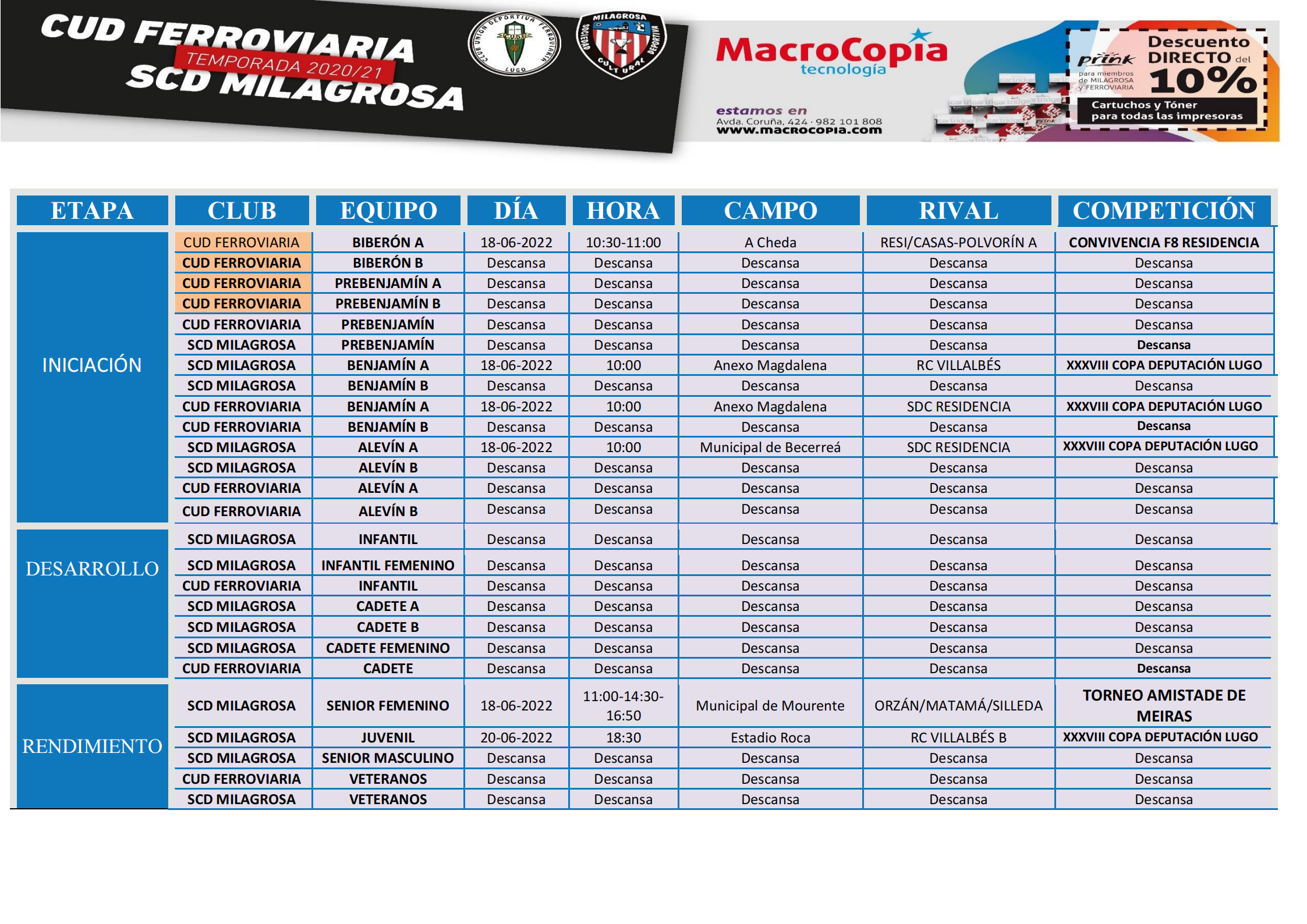 ℹ️📜 Horarios programados los ⚽partidos 🔚 de semana y 19 de Junio - SCD Milagrosa